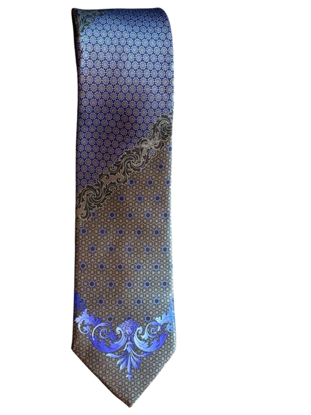 Versace Gianni Era Silk Tie Medusa Baroque Geometric Charcoal Navy Blue 90s